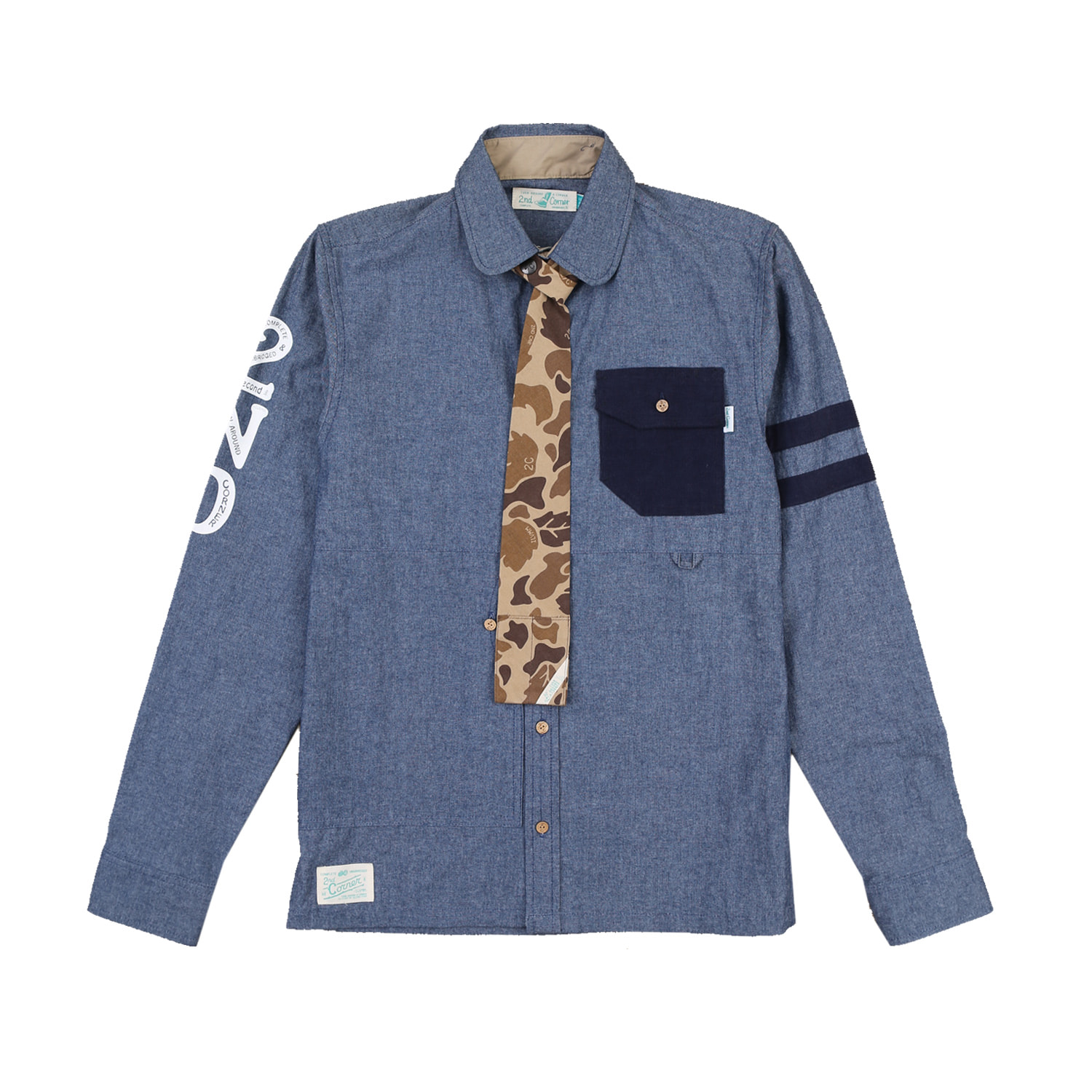 세컨드코너 2C 남성 스트릿 셔츠 + 카모 그래픽 넥타이 / 봄-가을 / 감각 아트웍 / 캐쥬얼 셔츠 Coors - D.Blue