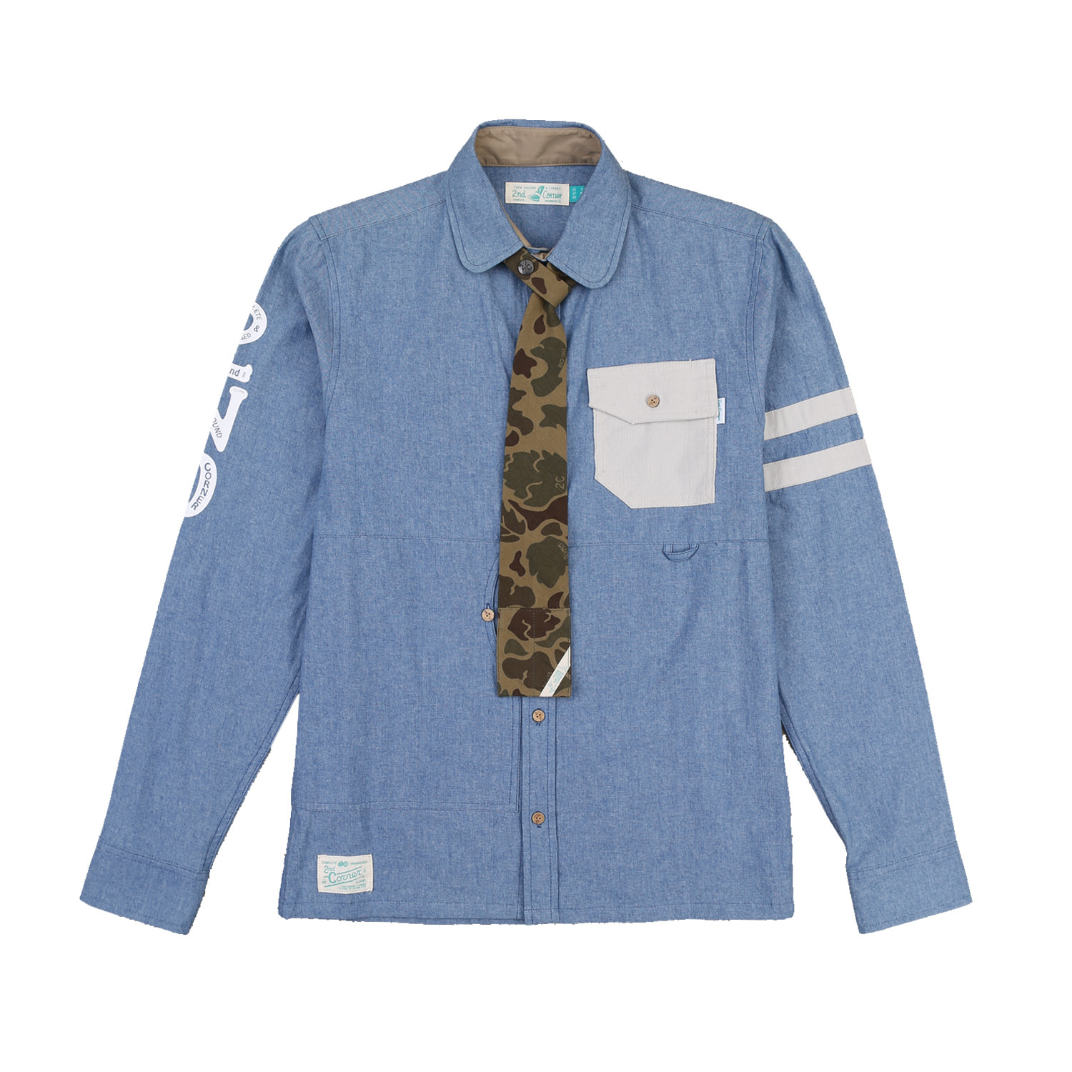세컨드코너 2C 남성 스트릿 셔츠 + 카모 그래픽 넥타이 / 봄-가을 / 감각 아트웍 / 캐쥬얼 셔츠 Coors - M.Blue