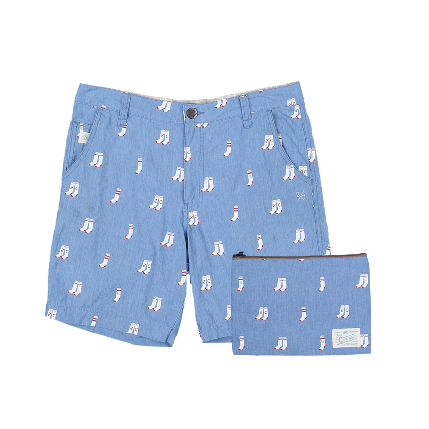 세컨드코너 2C 남성 그래픽 반바지 + 파우치 / Cotton 100% 캐쥬얼 반바지 / 여름 캠핑 반바지 Haribo - Blue Socks